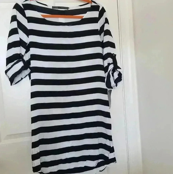 Zara black and white stripe luxespun mini dress Sm - Picture 2 of 4
